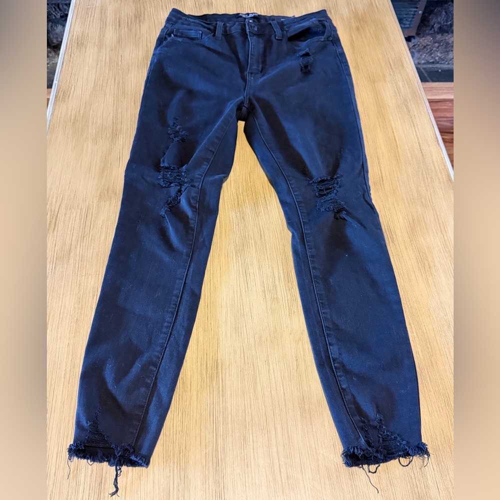 Judy Blue Black Distressed Skinny Jeans 9/29 Frayed Hem Mid Rise